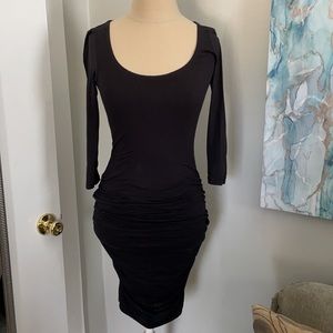 “Velvet” brand black ruched mini to midi dress